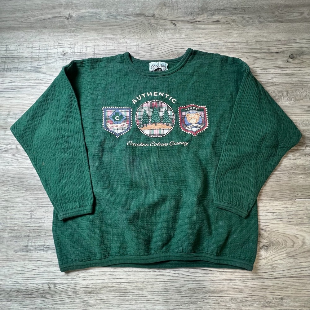 Carolina Colours Sweatshirt Mens M/L Green Waffle Knit Forest Ranger Vintage USA